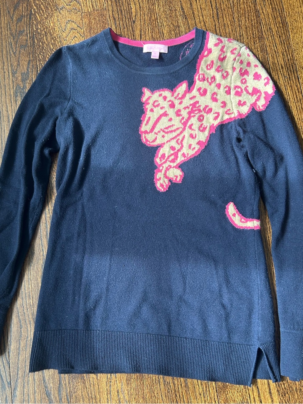 Lily Pulitzer Wool Women's Navy Sweater with Pink Leopard Accent